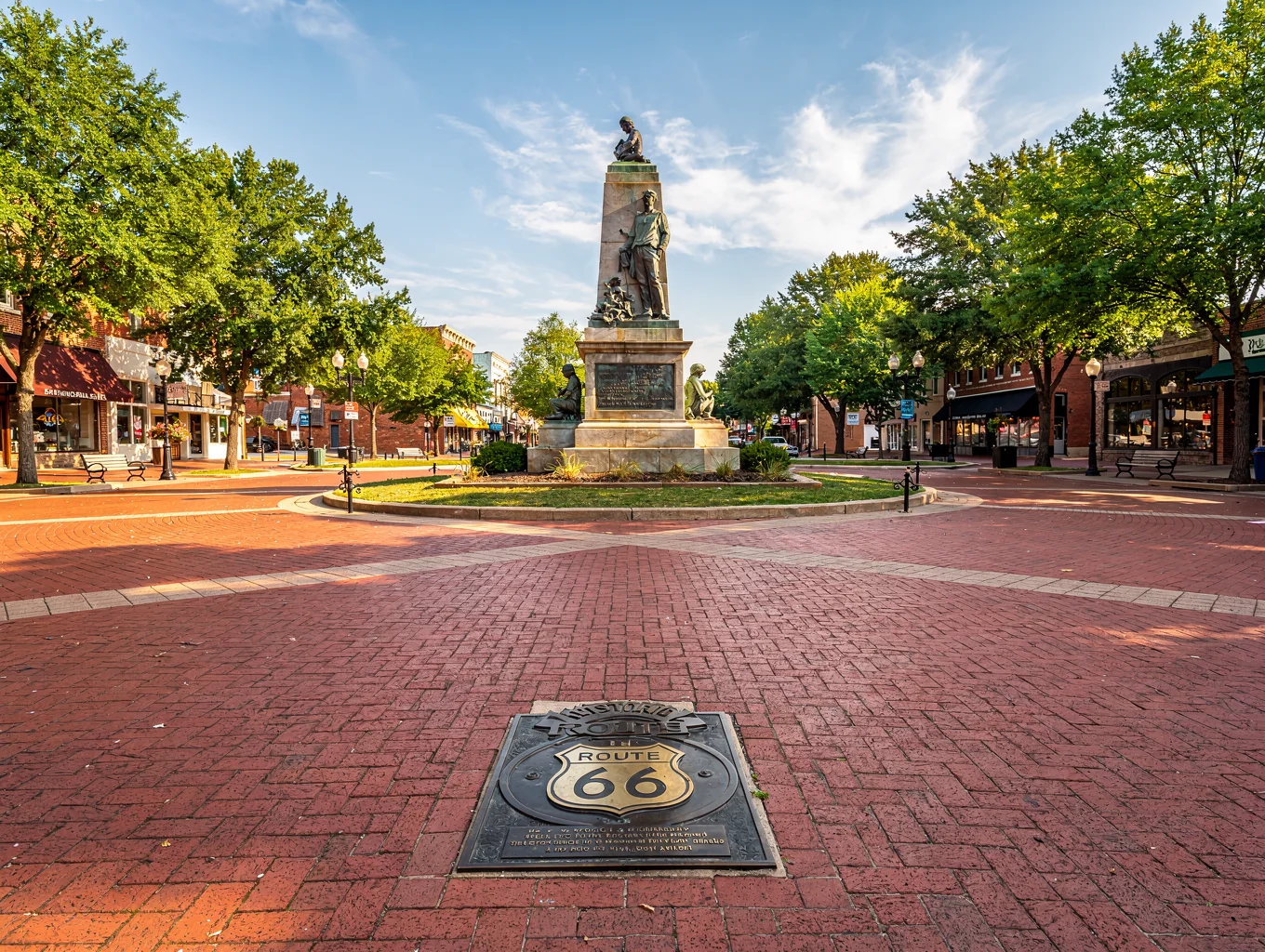 Historic downtown Springfield Missouri square honoring the birthplace of Route 66