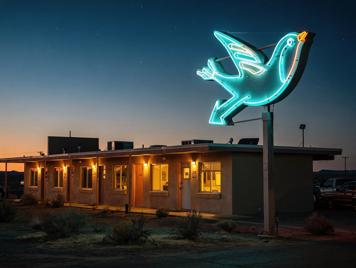 Glowing vintage neon motel marquee illuminating the twilight desert sky in Tucumcari