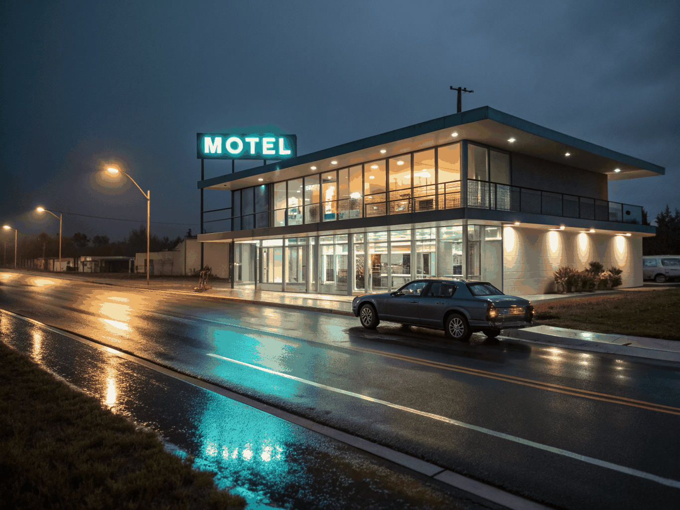 Glowing vintage neon motel marquee illuminating the twilight desert sky in Tucumcari