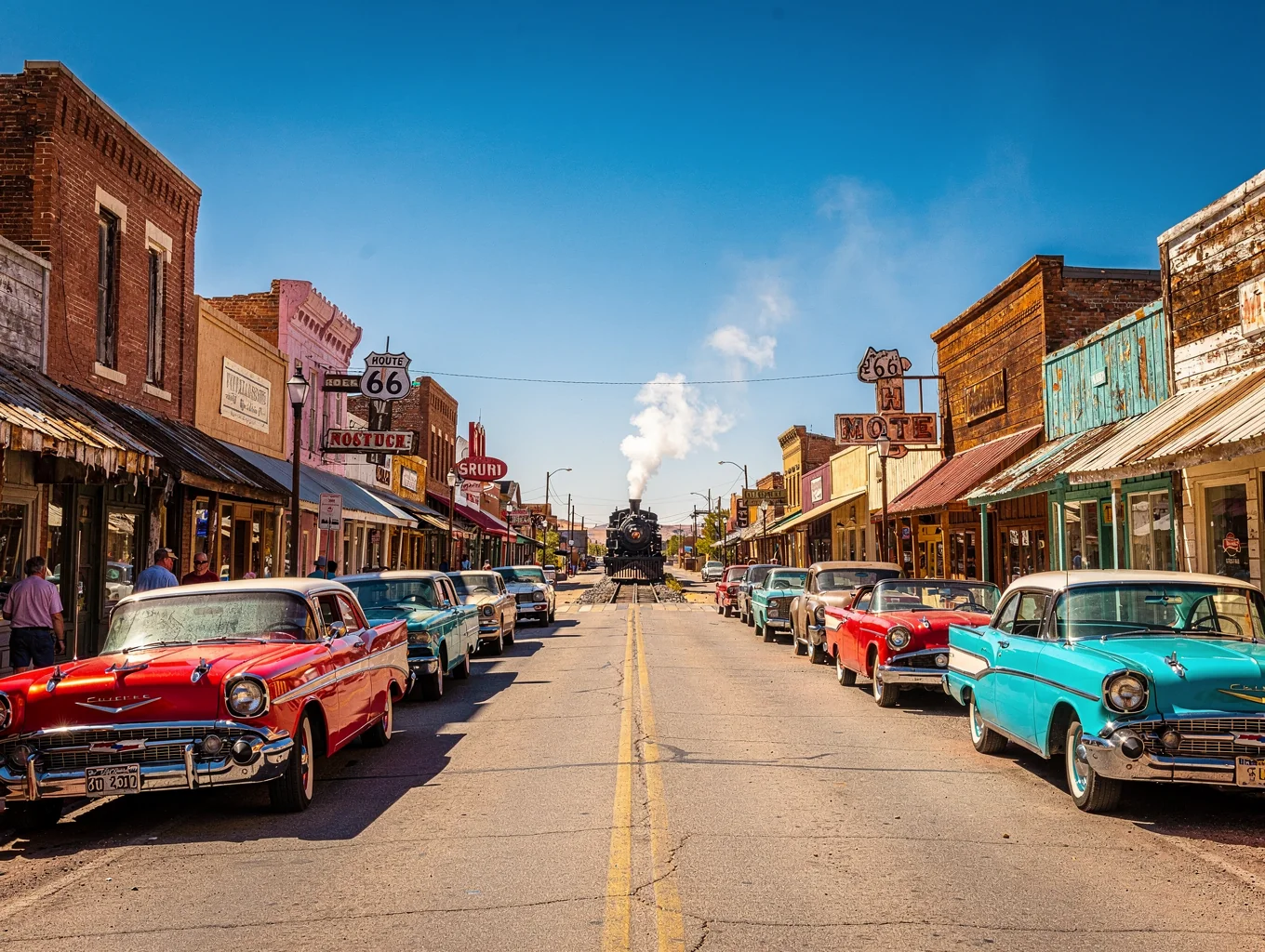 Historic downtown Williams Arizona street lined with classic cars and vintage Route 66 signs