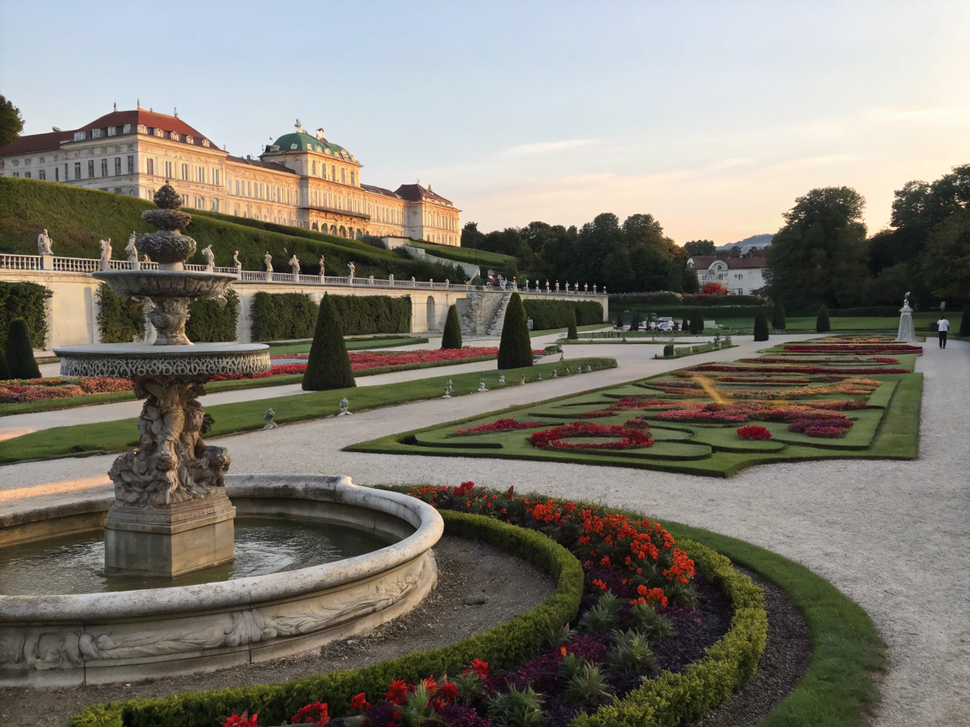 Formal baroque gardens in Salzburg with flowerbeds and fortress backdrop