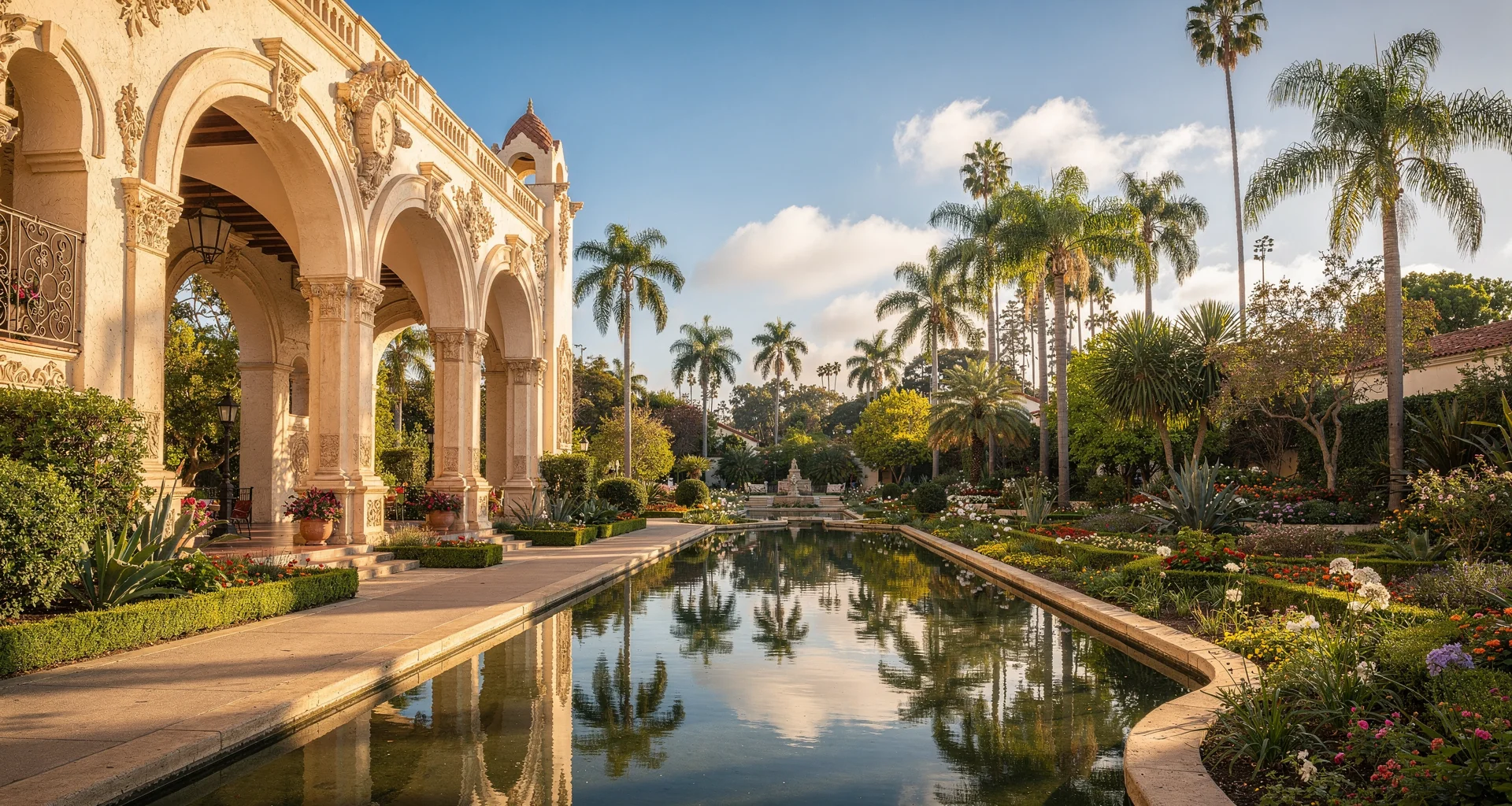 Spanish Colonial Revival facades and reflective pool at Balboa Park
