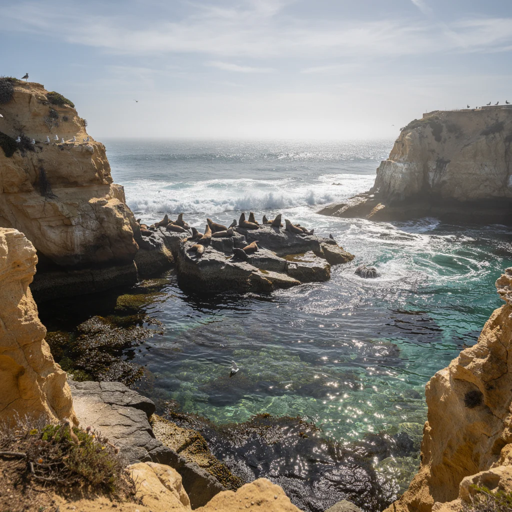 Rugged cliffs and azure waters enclosing La Jolla Cove