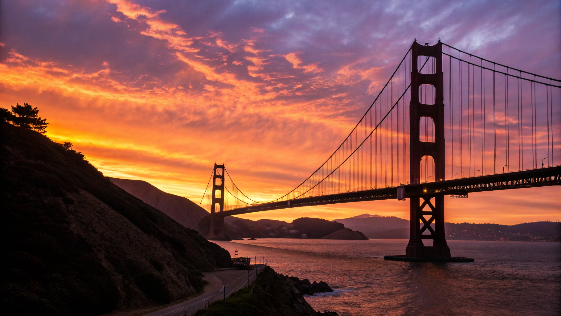 Golden Gate Bridge spans the bay opening beneath dramatic skies