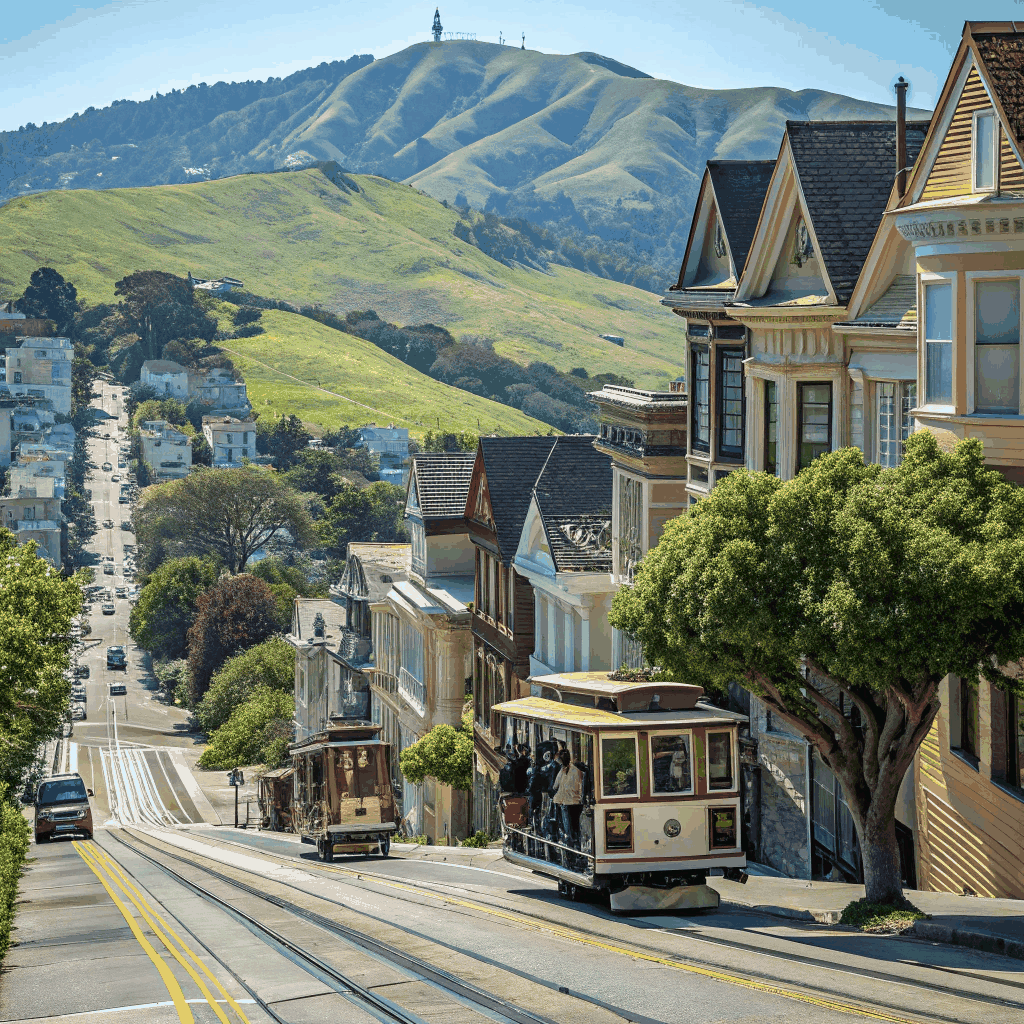 Vintage wooden cable car descending a steep San Francisco street