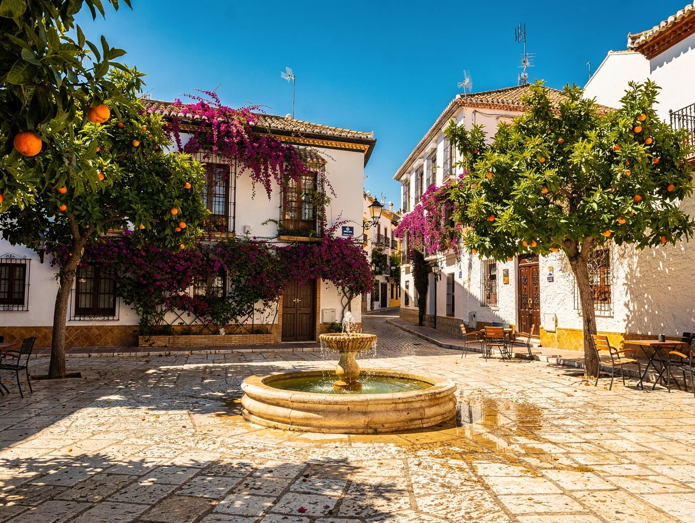 Sunlit cobblestone plaza in Seville with orange trees and wrought iron balconies