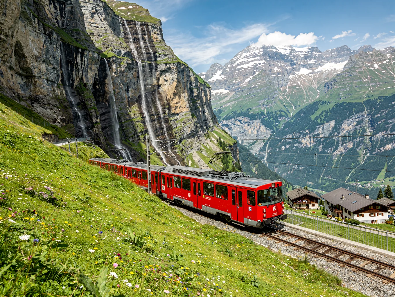 Red Swiss train winding through dramatic snow-capped alpine peaks