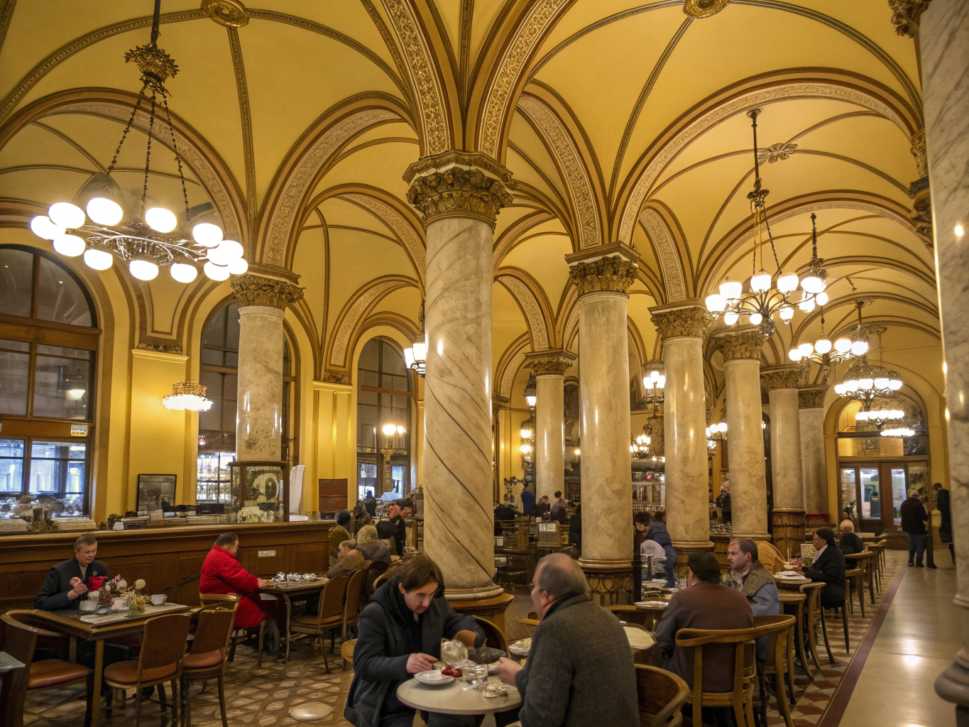 Elegant high-ceilinged historic Viennese cafe interior with marble tables