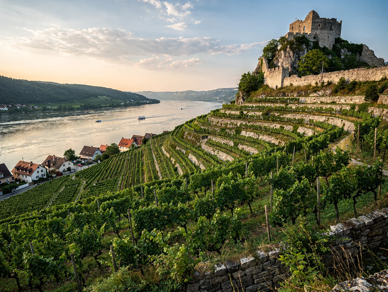 Bratte vinmarker i elveterrasser med utsikt over en vid sving i Donau