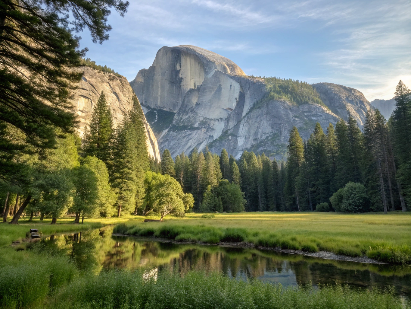 Yosemite-dalen med klipper og skog i gyllent kveldslys