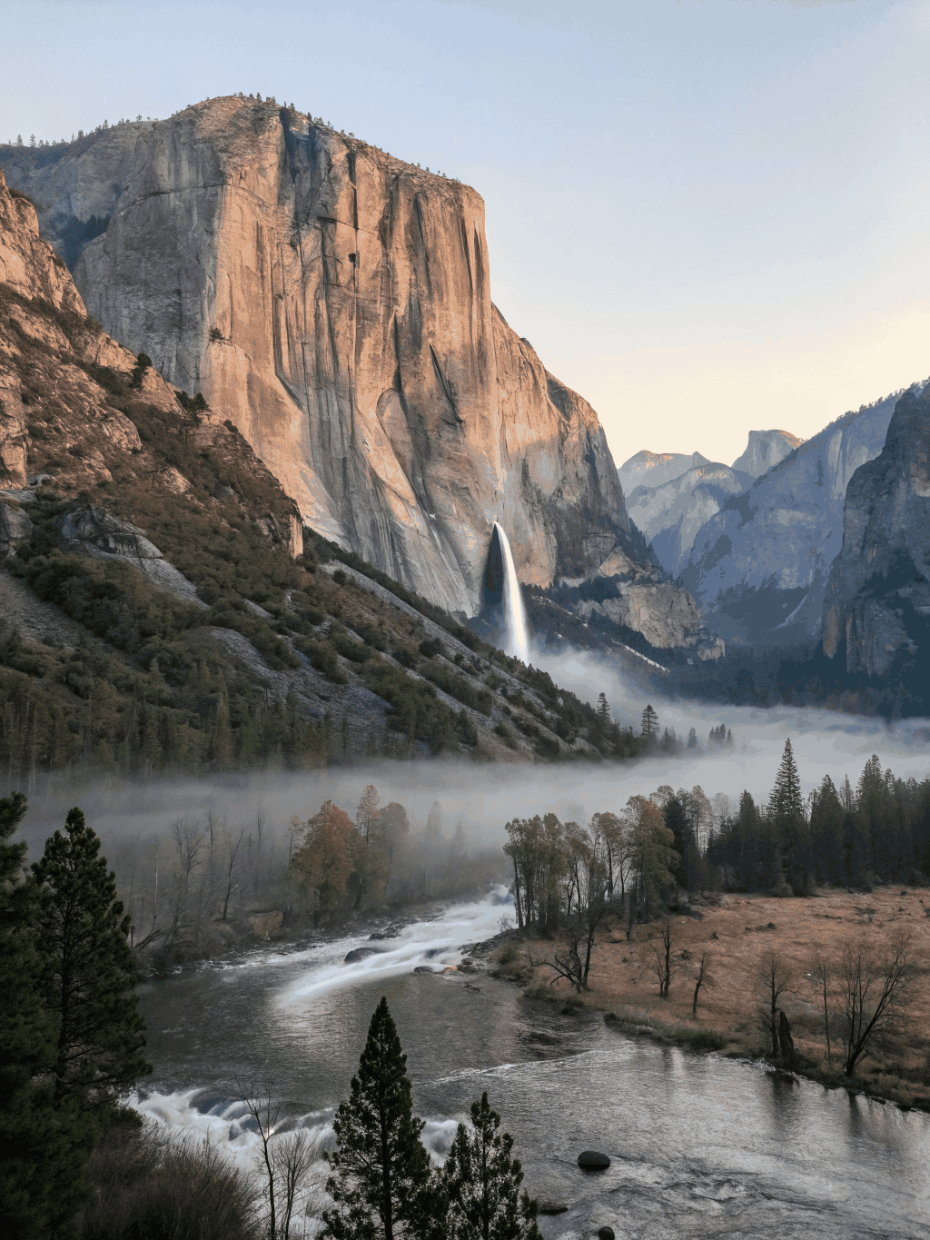 Soaring granite cliffs and alpine vistas of Yosemite Valley in California